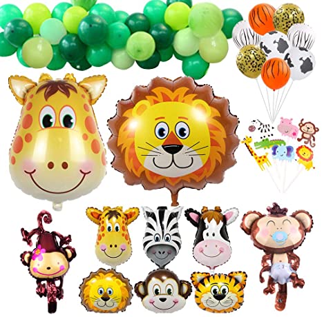 Safari Party Decorations Balloons- 114 Pcs Jungle Animals Party Decorating Kids Birthday Safari Baby Shower Cupcake Toppers Latex and Foil Balloons Pack