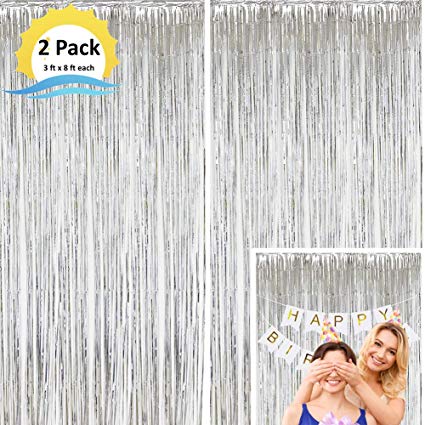 Moohome 2 Pack 3ft x 8ft Silver Foil Curtains Metallic Tinsel Fringe Curtains Shimmer Door Window Curtain Backdrop for Birthday Wedding Bridal Shower Baby Shower Photo Booth Party Decorations