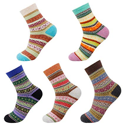 Blisstime 5 Pairs Women Wool Socks, Thick Vintage Knit Warm Winter Crew Socks, Christmas Gift