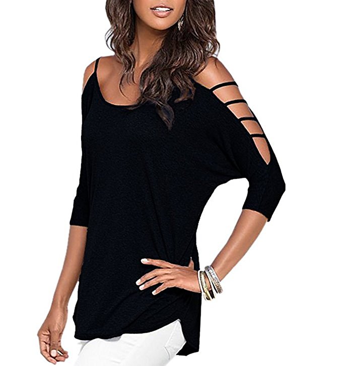 Women's Casual Loose Hollowed Out Shoulder Three Quarter Sleeve Shirts