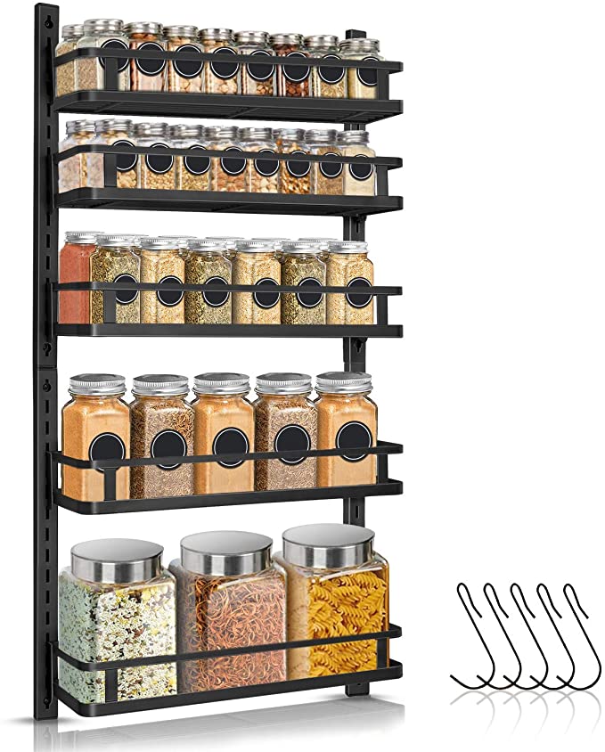 Spice Rack Wall Mount, G-TING 5 Tier Height-adjustable Wall Spice Rack Organizer Hanging Spice Storage Spice Shelf with 5 Hooks, Dual-use Seasoning Organizer for Kitchen Cabinet Pantry Bathroom Door