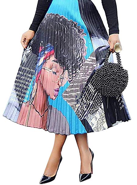 Women's Graffiti Pleated African Skirts - Cartoon Printed Elastic Waist A-Line Swing Midi Skater Skirt