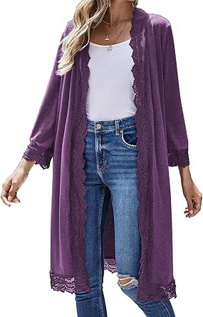 Women's Cardigan 3/4 Sleeve Lightweight Open Front Lace Wrap Long Duster Cardigans S-3X