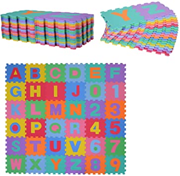 HOMCOM Alfombra Puzzle Infantil 36 Piezas de 31x31cm Números del 0 al 9 y 26 Letras Alfabeto Goma Espuma Alfombrilla de Juego para Bebés y Niños de 3,24㎡