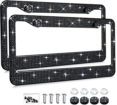 Ohuhu Bling License Plate Frames 2 Pack Black with Mounting Accessories, Luxury Handcrafted Premium Rhinestone Glitter Sparkly License Plate Frame