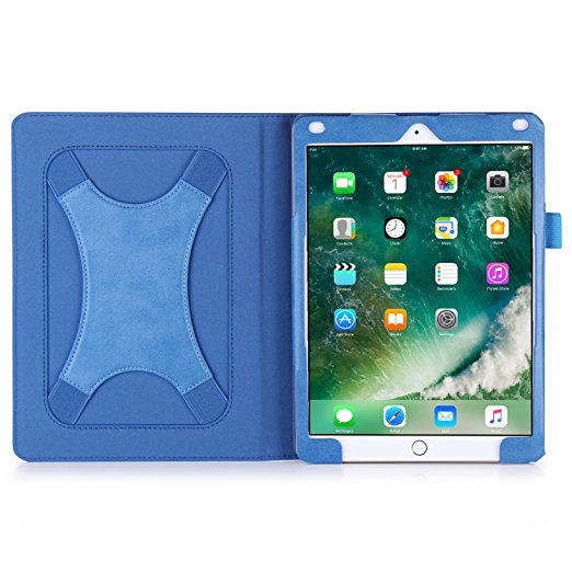 BeePole iPad Pro 10.5 Case with Multi Angle Support Xband Enhanced Hand Strap - PU Leather Case Cover for New iPad Pro 10.5 Inch 2017 with Magnetic Auto Wake/Sleep Feature (Blue)