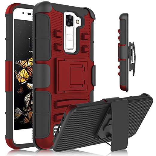 LG K8 Case, Escape 3 Case, Phoenix 2 Case, Heng Tech (TM) Full Body Hybrid Rubber Silicone Shockproof Defender Heavy Duty Holster Belt Clip Kickstand Case For LG K8 ( Red / Black)