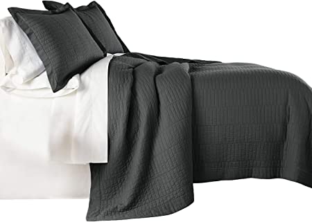 Chezmoi Collection Yuma 3 Pieces Modern 100%-Cotton Pre-Washed Soft-Finished Quilt Set (King, Dark Gray)