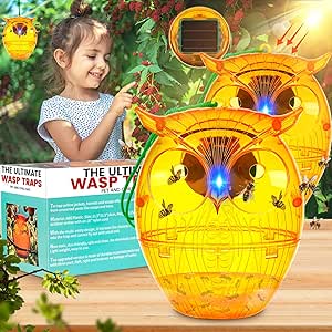 Solar Wasp Trap Outdoor Hanging - Upgraded Owl-Shaped Bee Catcher with Solar LED Light, Non-Toxic Reusable Trap for Wasps, Hornets & Yellow Jackets – Ideal for Gardens & Yards (2 Pack, Orange)