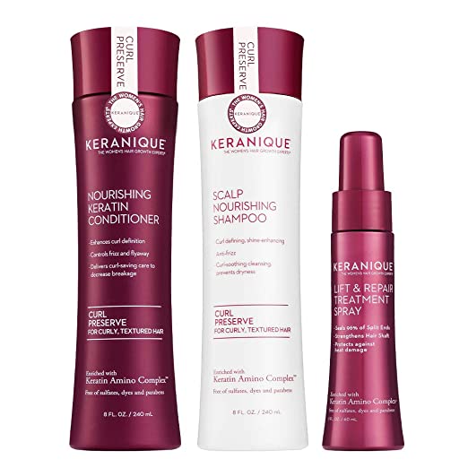 Keranique Instant Body and Volume 60 Days System with Keratin Amino Complex - includes Shampoo and Conditioner for Thinning Curly Hair plus Lift and Repair Treatment Spray; Paraben- Sulfates-Free