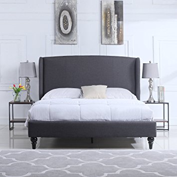 Classic Deluxe Linen Platform Bed Frame with Upholstered Shelter Headboard (Queen, Grey)