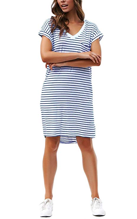 NERLEROLIAN Women T-Shirt Stripe Dress with Pockets V-Neck Knee Length Loose Tunic Summer Dress