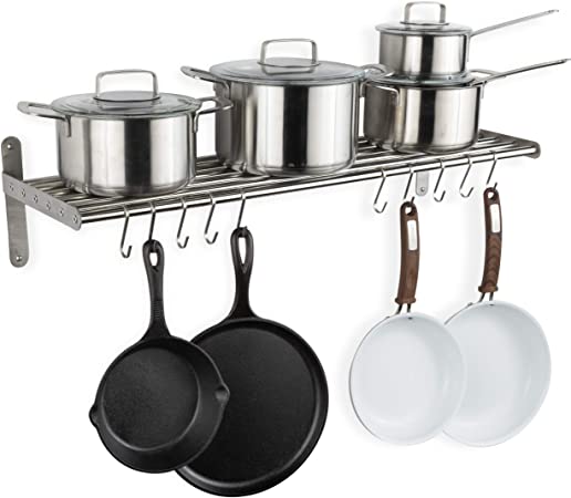 Wallniture Lyon Hanging Pot Rack Wall Mounted Shelf with Hooks - Heavy Duty Pot Hangers for Kitchen - Cookware Utensils Pot Lid Organizer Storage, Stainless Steel - Chrome