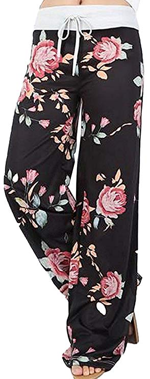 Sexymee Women's Comfy Stretch Floral Print Drawstring Long Wide Leg Lounge Pants