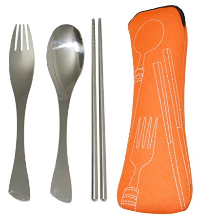 C-Pioneer Fork Spoon Chopsticks Travel Stainless Steel Cutlery Portable Camping Bag Pack of 3PC (Orange)