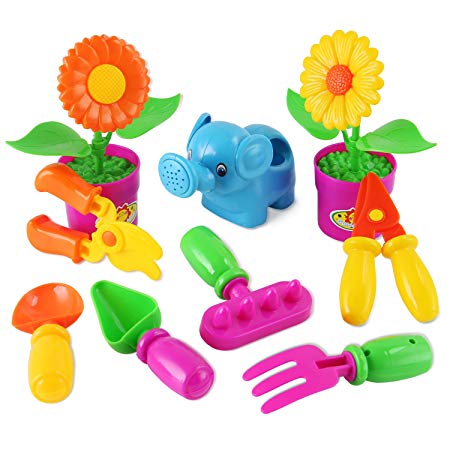 Liberty Imports Little Garden Tools 9-Piece Kids Gardening Set with Flower Pots, Watering Can, Rake, Shovel, Hoe, and Trowel