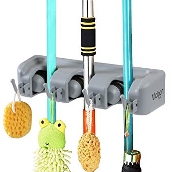 Vicloon Broom Mop Holder Tidy Organizer, Wall Mounted Organizer with 3 Position 4 Hooks for Brush Mop and Broom Tool Storage