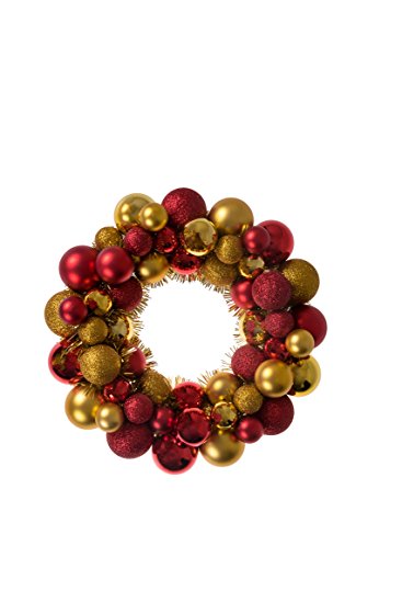 Christmas Ornament Wreath by Clever Creations | Bright Red and Gold | Festive Holiday Décor | Classic Theme | Lightweight Shatter Resistant | Indoor or Outdoor | Countless Uses | 13.5" x 13.5" x 2.75"