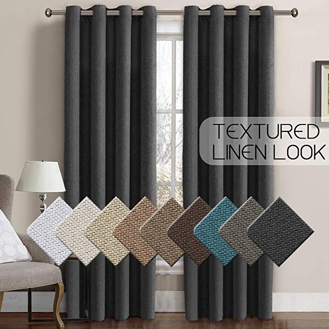 Room Darkening Linen Curtain Blackout Thermal Insulated Textured Rich Linen Curtain for Bedroom, Country Style Window Treatment Draperies for Sliding Glass Door, 52 by 96 Inch - Charcoal Gray,1 Panel