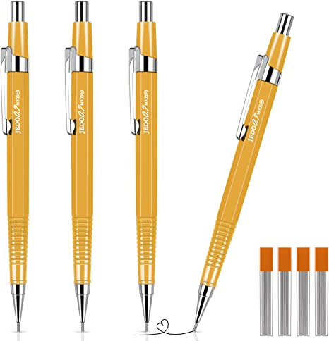 4 Pack Mechanical Pencil Automatic Drafting Pencil Set Metal Drawing Pencils and 4 Retractable Automatic Drafting Pencils Refills for Drafting, Sketching, Illustration(Yellow,0.9 mm)