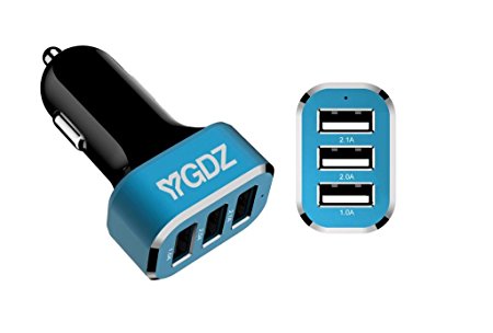 YGDZ [Apple Certified - Lifetime Warranty] 6.3A / 31.5W Tri-USB Port Car Charger - Portable Travel Charger Rapid 3 USB Ports Car Charger For iPhone 6 5 5S 5C 4 4S, iPad 4 3 2, iPad mini, iPad air, iPad Mini Retina, iPad touch, iPod Nano; Samsung Galaxy S5, S4, S3, S2, Note 4 3, 2, Tab S 4, 3, 2 7.0 8.0 10.1; All New HTC One M8 M7 M4, Mini 2; LG Optimus G3 G2, Flex, G2 Mini, G Pro 2, G Pad 7.0 8.0 8.3 10.1; Google Nexus 5 4 7 8 FHD 2; Other Android Smartphone/Tablets - Blue/Black