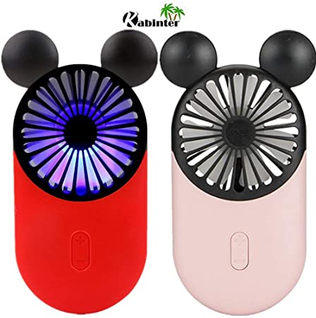 Kbinter Cute Personal Mini Fan, Handheld & Portable USB Rechargeable Fan with Beautiful LED Light, 3 Adjustable Speeds, Portable Holder, for Indoor Outdoor Activities, Cute Mouse 2 Pack (Red Pink)