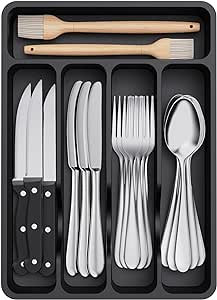 Lifewit Silverware Drawer Organizer Tray, Plastic Cutlery Storage for Kitchen Drawer, Flatware and Utensil Holder Divider for Spoons Forks Knives Tableware, 5 Compartment, Black