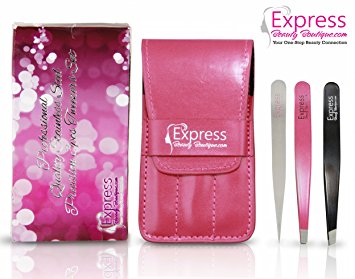 Professional Quality Stainless Steel Precision 3pcs Tweezers Set. Perfect for shaping eyebrows and removing facial and body hair. Includes Pink PU leather Case and Deluxe branded Pouch