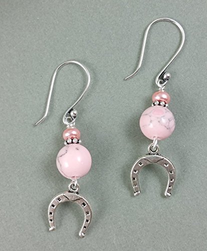 Pink Grey Howlite Gemstones Sterling Silver Earrings with Horseshoe Charms