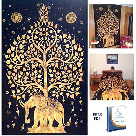 Your Spirit Space (TM) Black/Gold Good Luck Elephant Tapestry-Tree of Life. Quality Home or Dorm Hippie Wall Hanging. The Ultimate Bohemian Tapestry Decoration