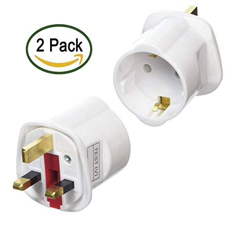 TEC UK - 2 X Schuko Style Socket European 2-Pin to UK 3-Pin AC Mains Power Travel Visitor Adaptor (Pack 2)