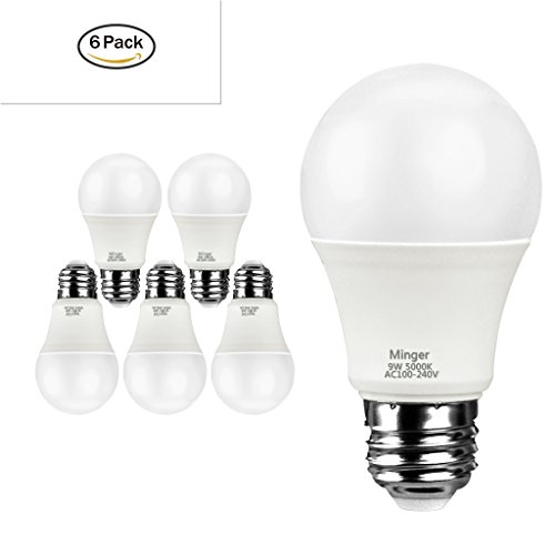 Minger 9W LED Light Bulb A19 - 60Watt Equivalent Cold White 5000K Light Bulb 6-Pack