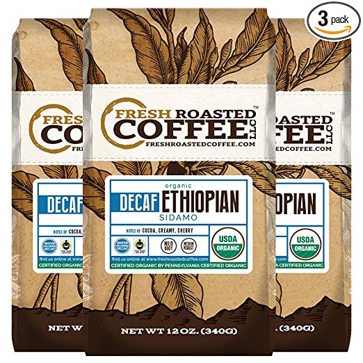 Organic Ethiopian Sidamo Water Processed Decaf Coffee, 12 oz. Whole Bean Bags, Fair Trade, Fresh Roasted Coffee LLC. (3 Pack)