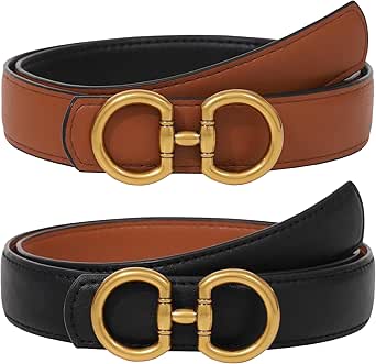 AWAYTR Reversible Belt for Women - Two-in-One Women Fashion Leather Belt for Jeans with Golden Buckle