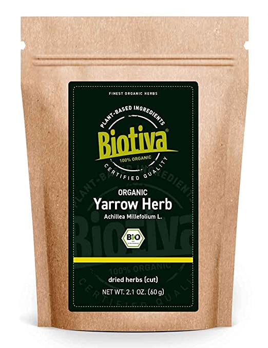 Organic Yarrow Herb | Caffeine Free | 100% Organic Yarrow Herbal Tea 2.1 oz | Dried & Cut | Achillea Millefolium | Packed and controlled in Germany (DE-ECO-005) | By Biotiva