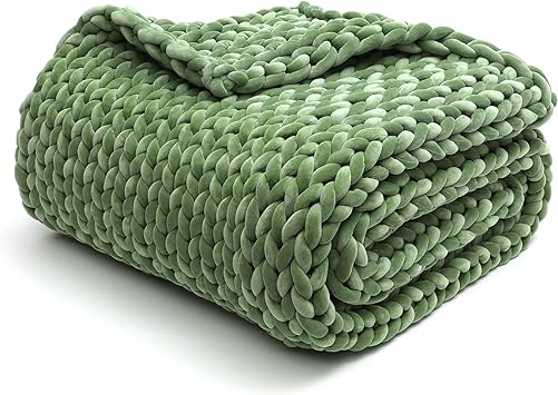 YnM Velvet Weighted Blanket, Handmade Chunky Knitted Design, Soft and Cozy, Temperature Regulating and Breathable, Machine Washable Throw for Sleep or Home Decor (Avocado Green, 60x80 Inch, 15lbs)