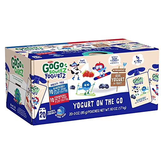 GoGo squeeZ YogurtZ, Variety Pack (Blueberry/Strawberry), 3 Ounce (20 Pouches), Low Fat Yogurt, Gluten Free, Reusable, BPA Free Pouches (Package May Vary)
