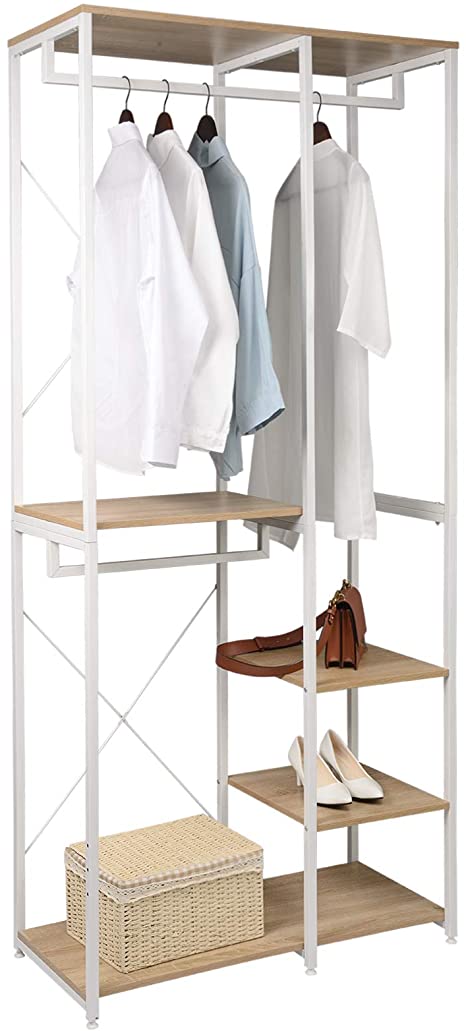 WOLTU Heavy Duty Clothes Rail Light Oak, Sturdy Adjustable Garment Rack with 4 Tiers Shoe Rack Shelves Clothing Organizer Storage