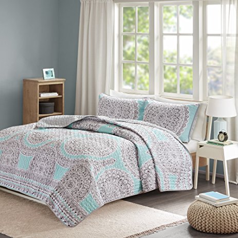 Comfort Spaces - Adele Mini Quilt Coverlet Set - 3 Piece - Blue, Aqua - Printed Medallions Pattern - Full / Queen size, includes 1 Quilt, 2 Shams