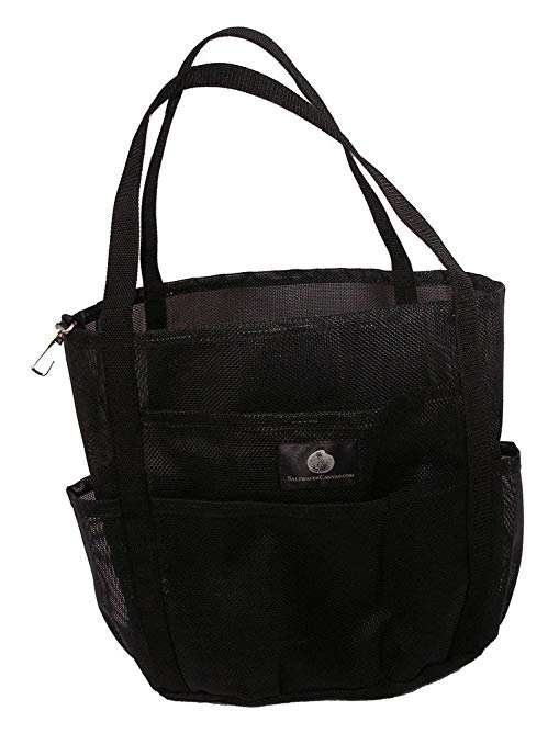Dolphin Bag, Medium Mesh Beach Bag Tote, 7 pockets , zip, Black – 5 colors