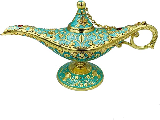Vintage Aladdin Magic Genie Lamp Incense Burners Metal Carved Wishing Light for Home Tabletop Decoration, Party, Birthday Delicate Gift (Green)