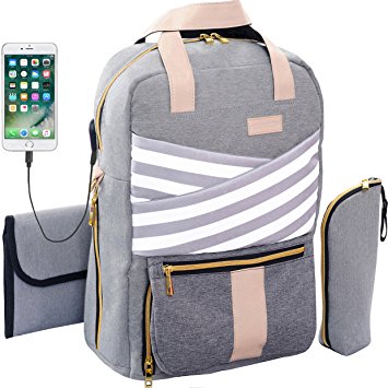 Baby Diaper Bag Backpack Slonser Large Designer Multi-Function Maternity Nappy Tote Bag Organizer Waterproof Travel Nursing Purse for Women Mom Dad Girl Unisex with Changing Pad Insulated Pocket Gray