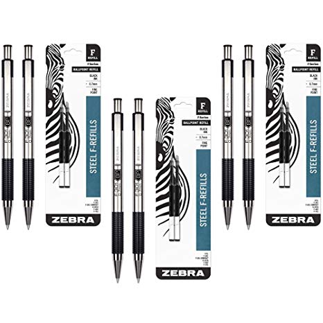 Zebra F-301 Ballpoint Stainless Steel Retractable Pen, Fine Point, 0.7mm, Black Ink (Bundle Included 6 Pens and 6 Refills Black Color)