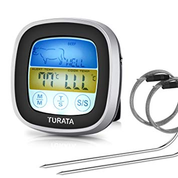 Meat Thermometer Turata Digital Instant Read Food Thermometer Touchscreen Cooking Thermometer Clock Timer with 2 Probes for Grill BBQ Kitchen Oven Smoker