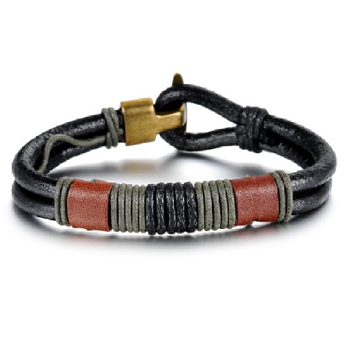 JOEYOUNG Fashion Jewelry Leather Bracelet Bangle for Men Black Fabric Genuine Leather Wristband Bangle
