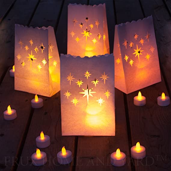 Frux Home and Yard 24 Flameless Tea Lights Yellow Flickering LED Tealight Candles with Warm Realistic Light - Electric Tealights with Batteries & 12 Bonus Luminary Bags Included