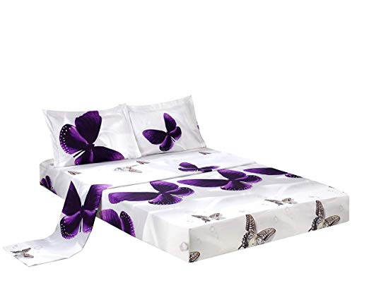 HIG 3D Bed Sheet Set -4 Piece 3D Purple Butterfly Reactive Printed Sheet Set King Size (Y34) - Soft, Breathable, Hypoallergenic, Fade Resistant -Includes 1 Flat Sheet,1 Fitted Sheet,2 Shams