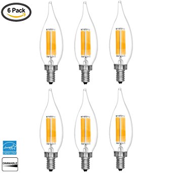 LytheLED (6-PACK) LED Candelabra Vintage Filament Bulb, 6W (60W Replacement) 4000K Cool White, 550 Lumens, (E12) Candelabra Base, Dimmable, UL-Listed