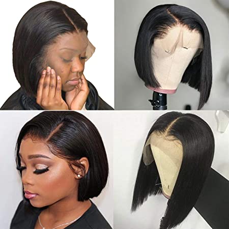 ALI RAIN Short Bob Human Hair Lace Front Wig Brazilian Virgin Glueless Silky Straight Hair Wigs with Baby Hair for Black Women Pre Plucked With Baby Hair 150% Density (8 Inch)