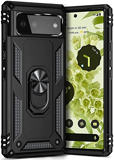 GREATRULY Ring Kickstand Phone Case for Pixel 6,Heavy Duty Dual Layer Drop Protection Case for Google Pixel 6,Hard Shell   Soft TPU   Ring Stand Fit Magnetic Car Mount,Black